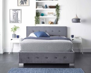 Side Opening Storage Ottoman Bed Available in Grey Linen, Steel Plush Velvet or Silver Crushed Velvet Fabric Finishes